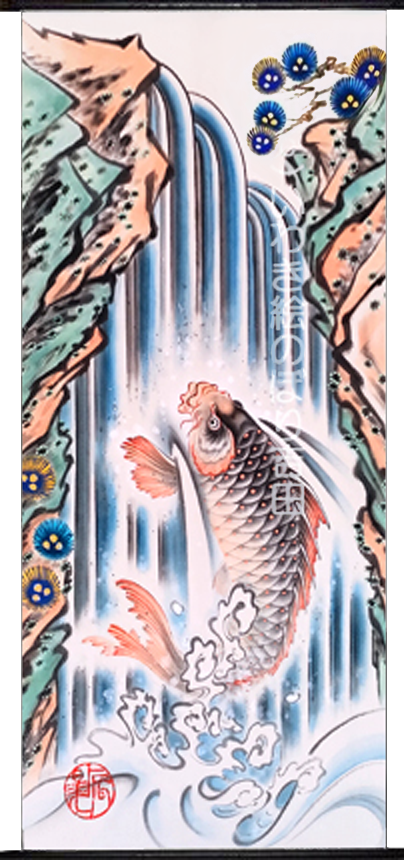 手描き武者のぼり(武者幟/武者絵のぼり/矢旗)・いわき絵のぼり辰昇作室内用 鯉の滝昇り（滝登り）の全体像