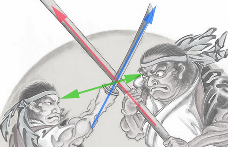 二人の目線、交差する武具（棒と刀）、そして動きの焦点が一点に収束
