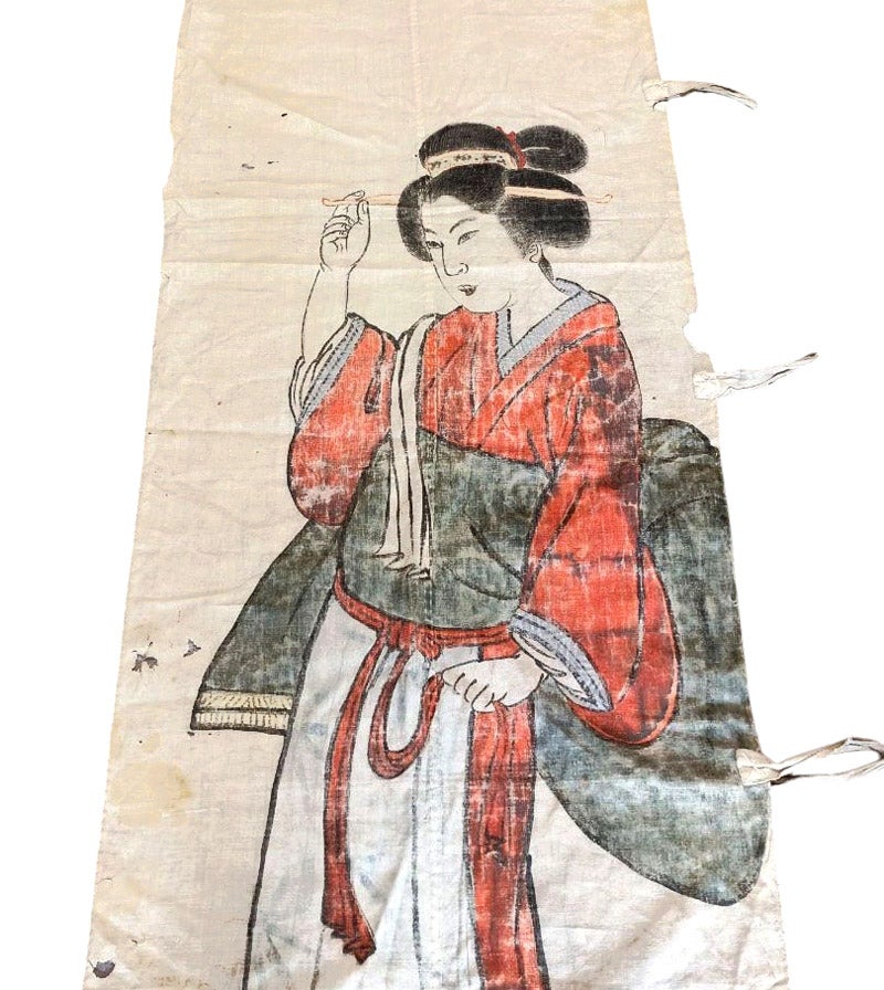 明治初期《髪結新三》（梅雨小袖昔八丈）を題材とした手描き絵のぼり（雪洲作）部分