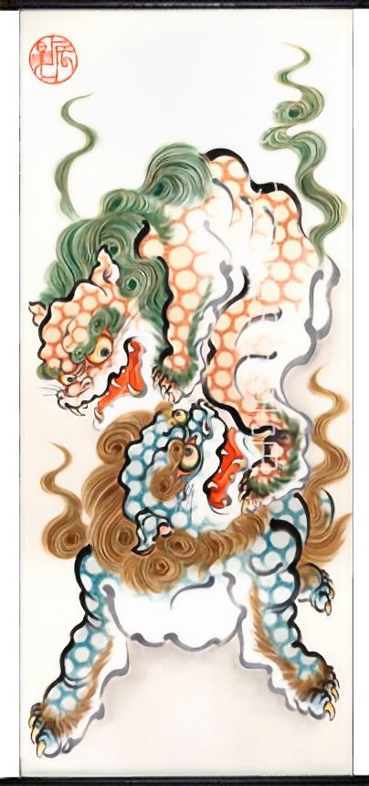 手描き武者のぼり(武者幟/武者絵のぼり/矢旗)・いわき絵のぼり辰昇作室内用 絡み獅子の全体像