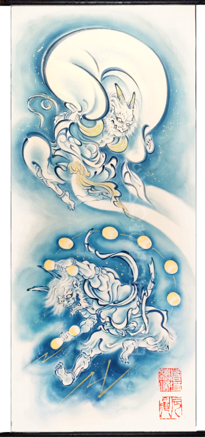 手描き武者のぼり(武者幟/武者絵のぼり/矢旗)・いわき絵のぼり辰昇作室内用 風神雷神図の全体像