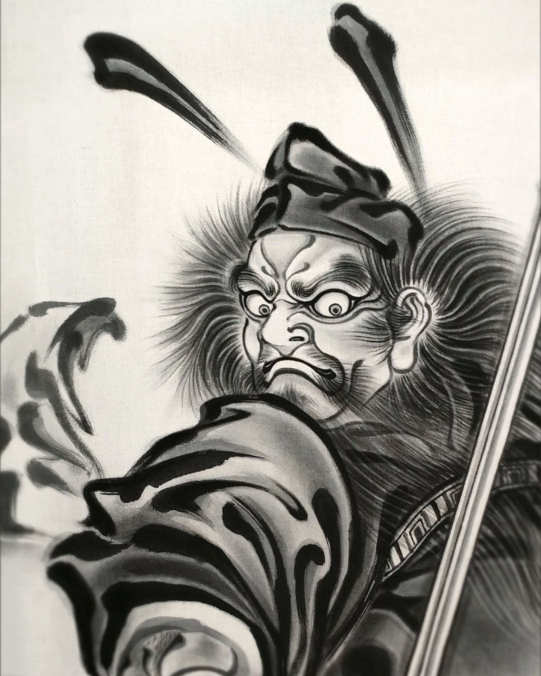 鍾馗図原画の顔の細部と墨で描いた表情