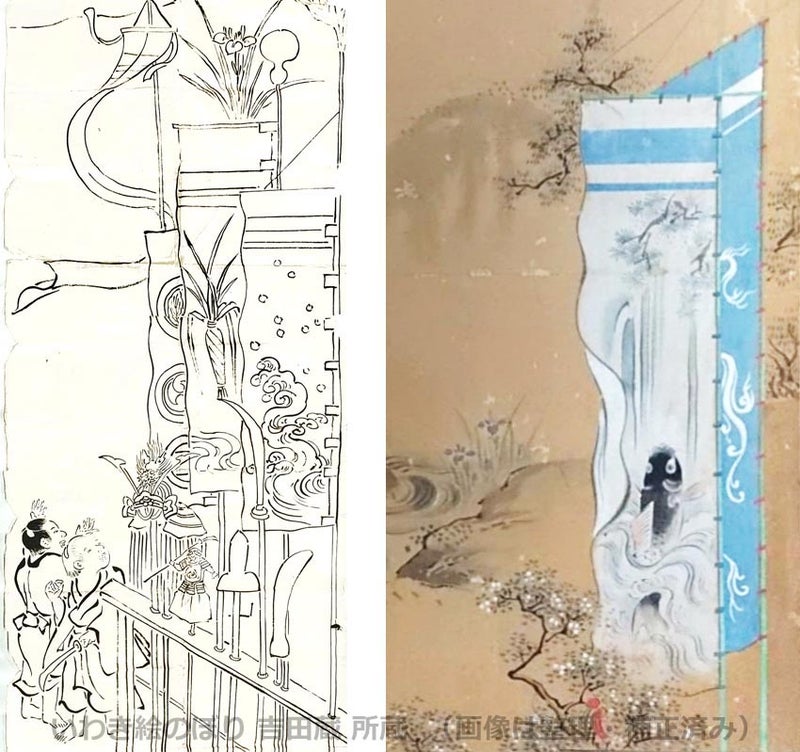 ・左：江戸中期の端午（いわき絵のぼり吉田蔵）右：鯉のぼりの元となった鯉の絵のぼり（いわき絵のぼり吉田蔵）